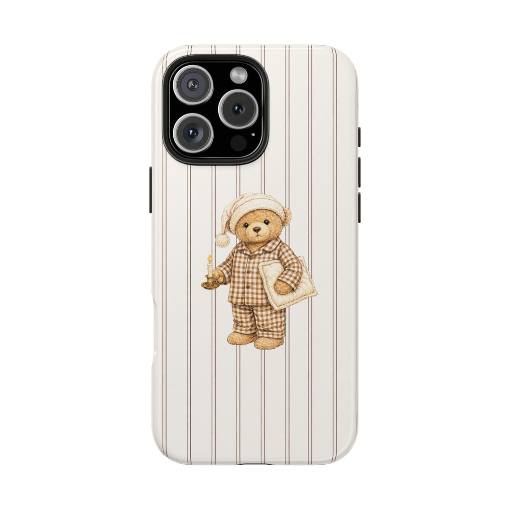 Brown-striped phone case featuring teddy bear in nightcap hat