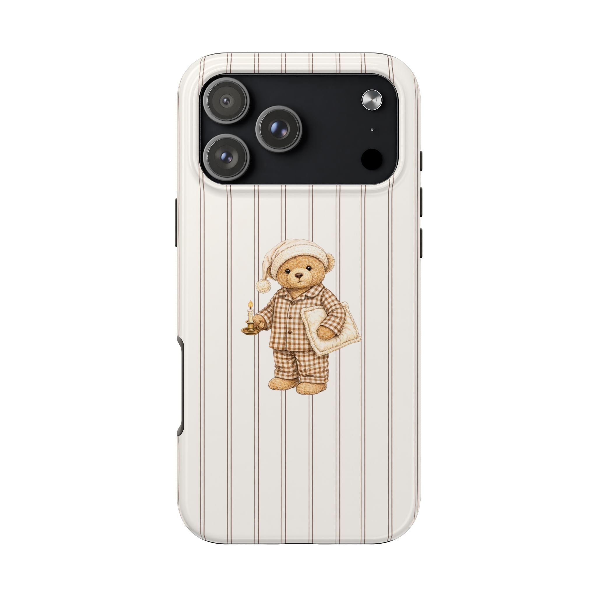 Brown striped phone case with teddy bear in nightcap, plaid outfit