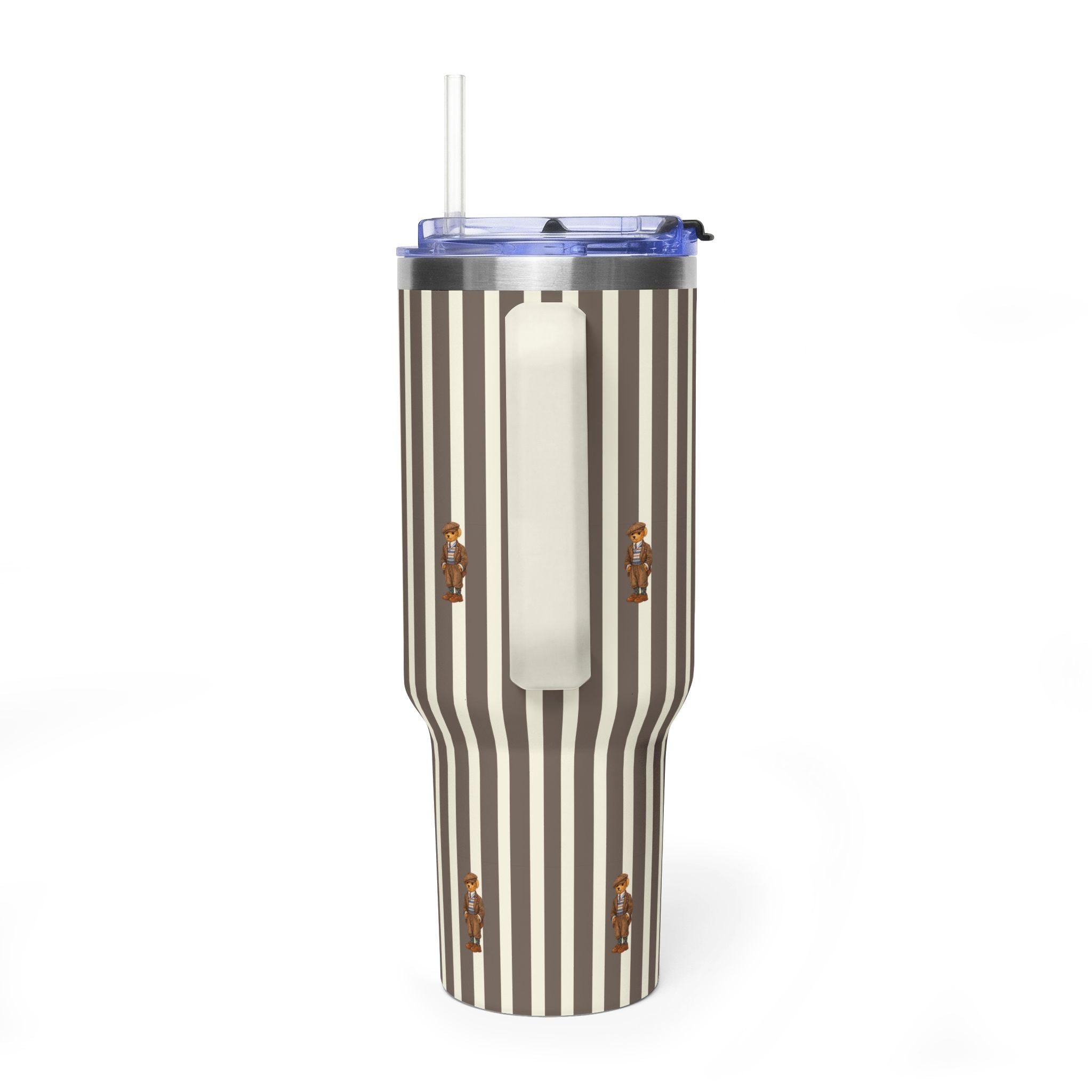 Stainless steel tumbler with straw lid, cream and dark stripes, bear patches on front