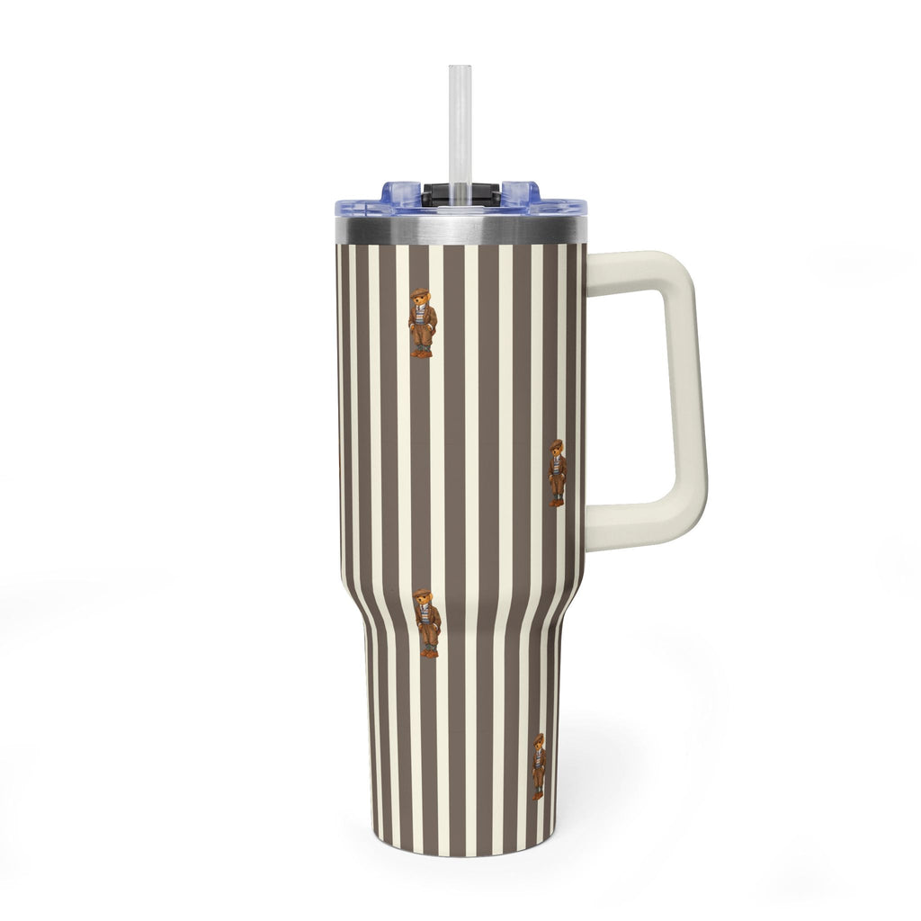Stainless steel tumbler with straw lid, cream and dark vertical stripes, bear graphic