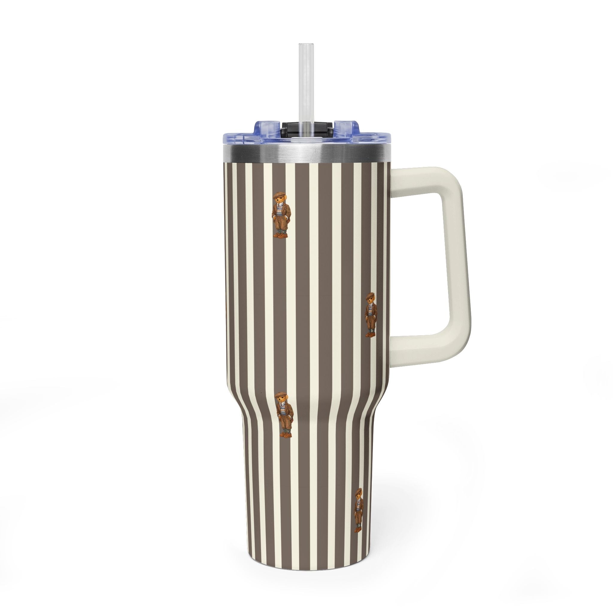 Stainless steel tumbler with straw lid, cream and dark vertical stripes, bear graphic