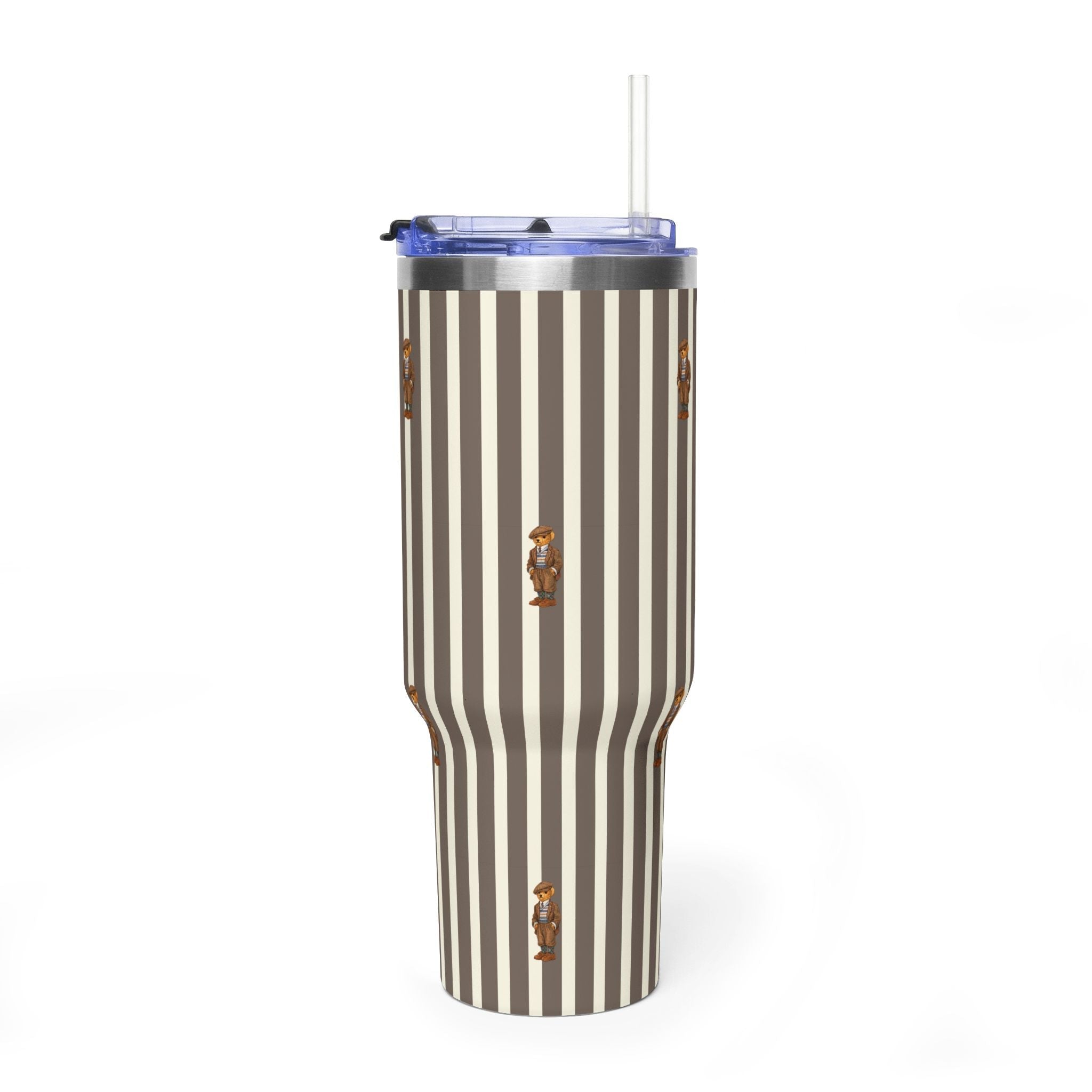 Stainless steel tumbler with straw lid, cream and dark striped design with scattered bear figures