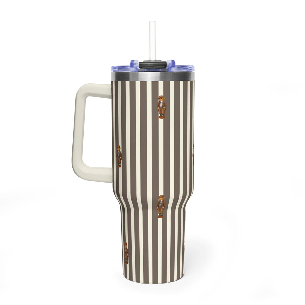 Stainless steel tumbler with handle, straw lid, cream and dark vertical stripes, bear motif