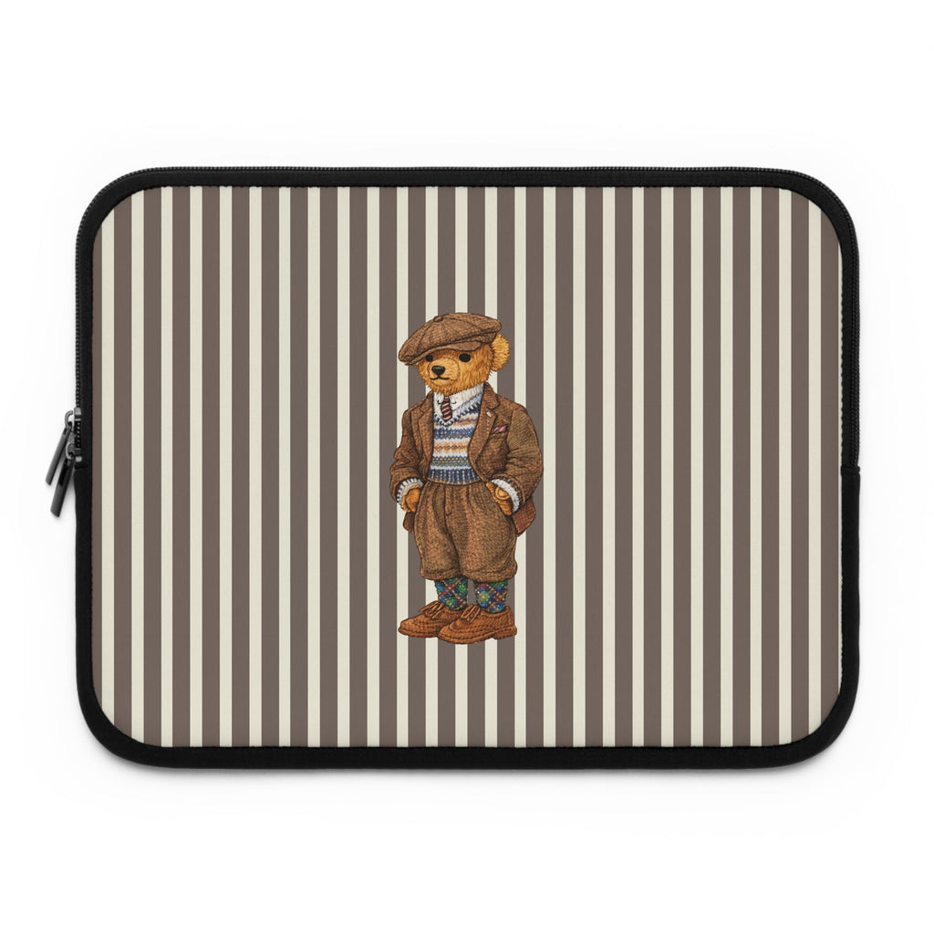 Striped brown and cream teddy bear neoprene sleeve with rounded black zipper edge