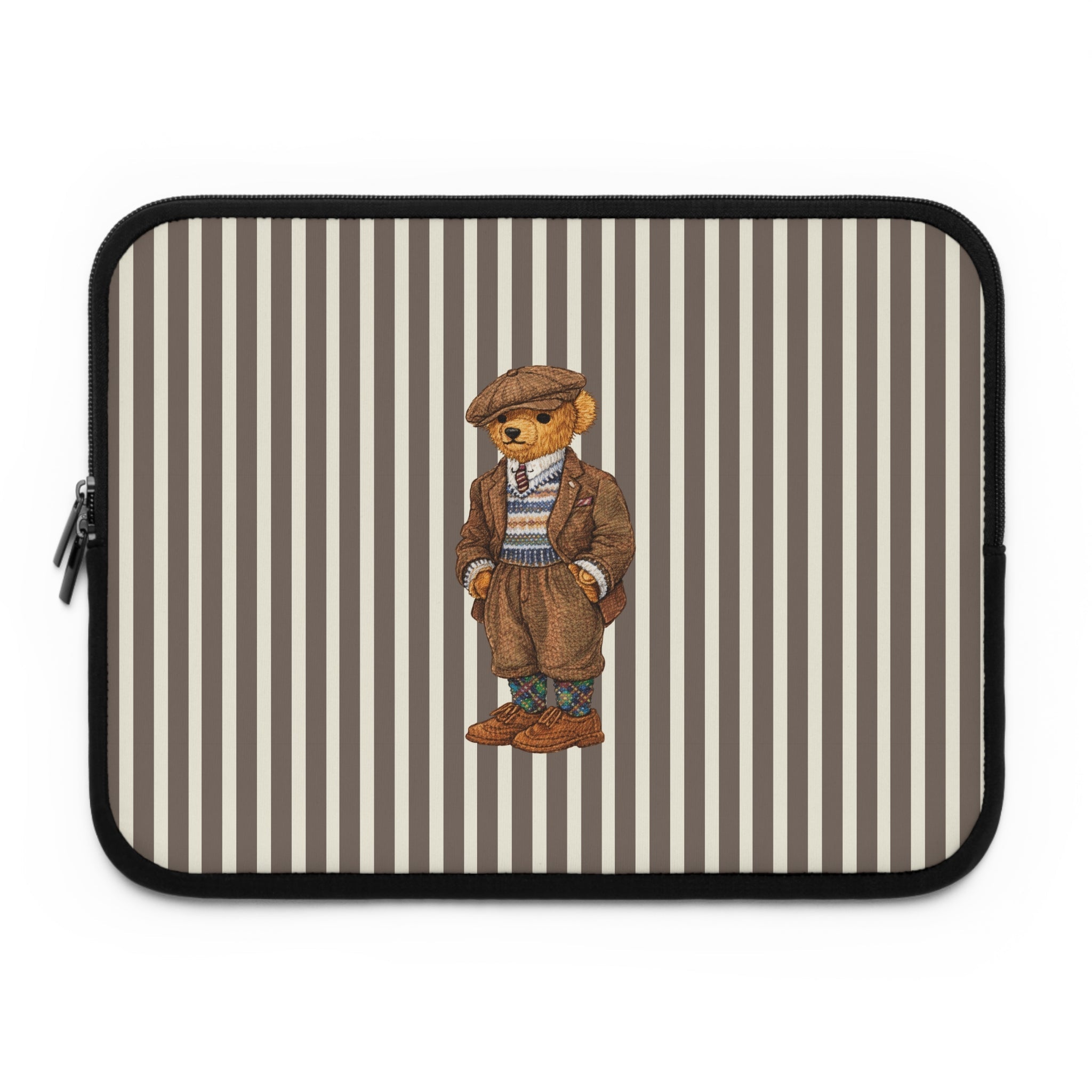 Striped brown and cream teddy bear neoprene sleeve with rounded black zipper edge