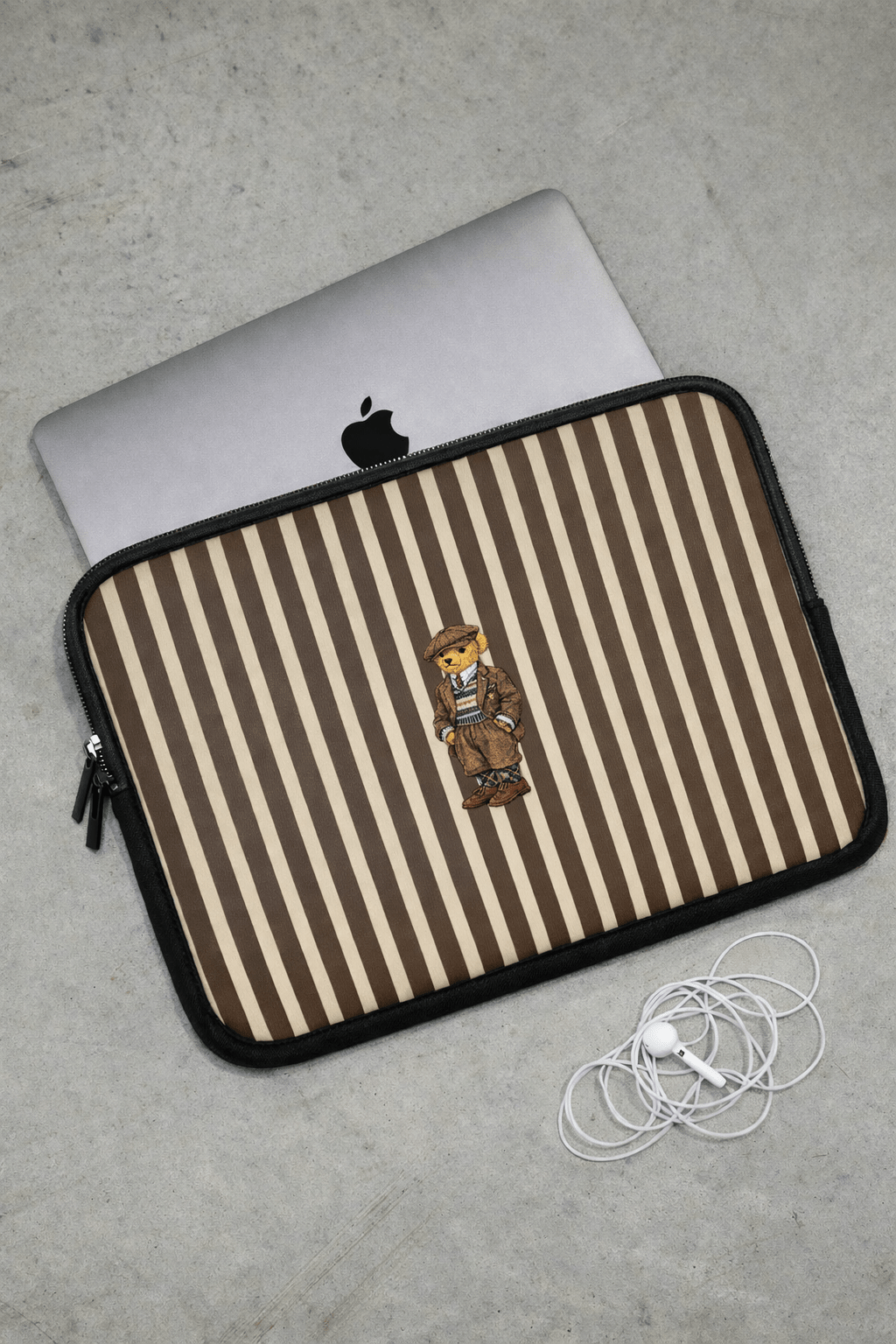 Brown and cream striped teddy bear neoprene sleeve with black zipper and tassel pull