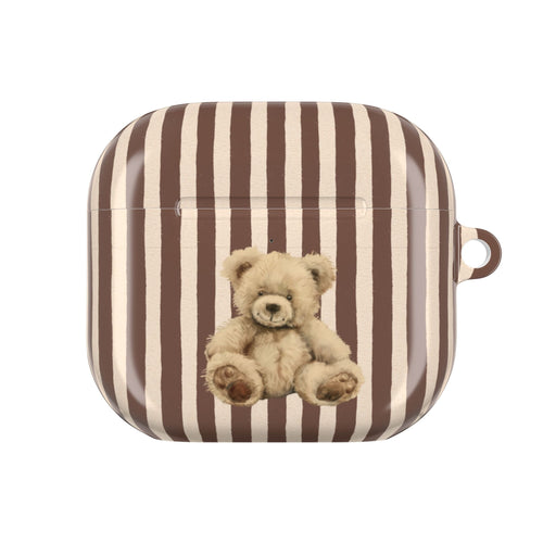 Brown striped AirPods case with teddy bear face patch on the front
