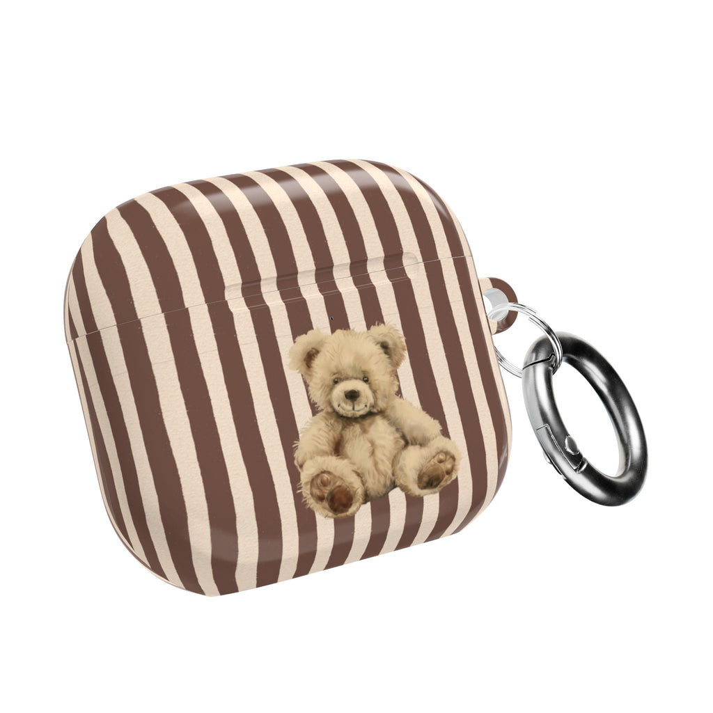 Brown striped AirPods case with teddy bear patch and metal keyring
