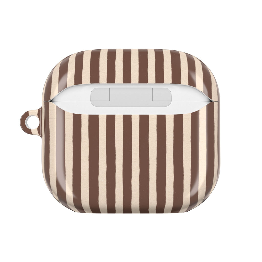 Brown striped AirPods case back view with button slot and side loop