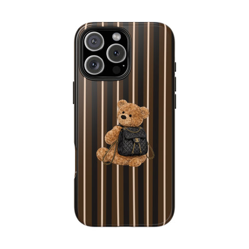 Brown-and-cream striped phone case with teddy bear holding a tiny backpack