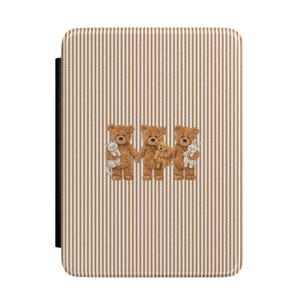 Brown striped Kindle hardcover case with three teddy bear pet appliqués
