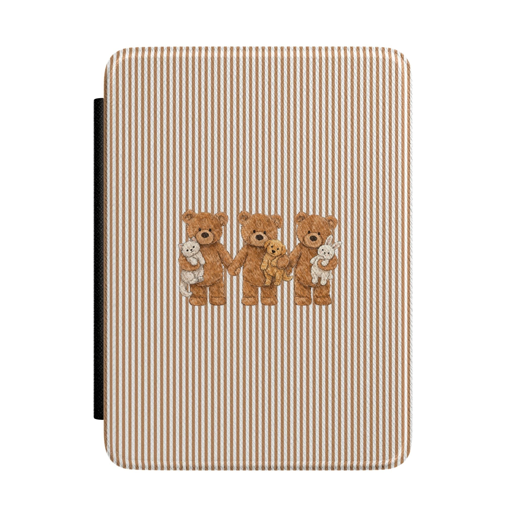 Brown striped Kindle hardcover case with three teddy bear pet appliqués