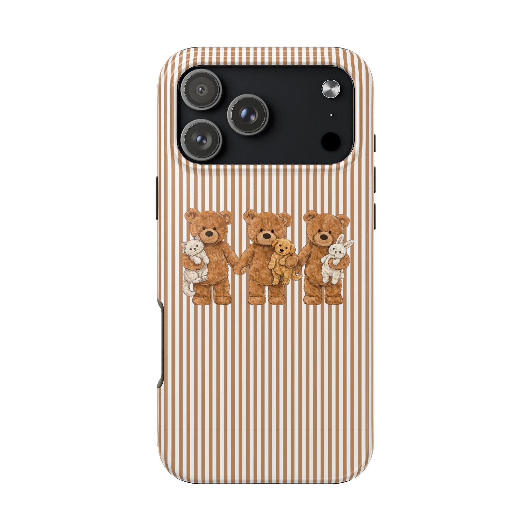 Brown striped phone case with teddy bear pets lineup across back, camera cutouts