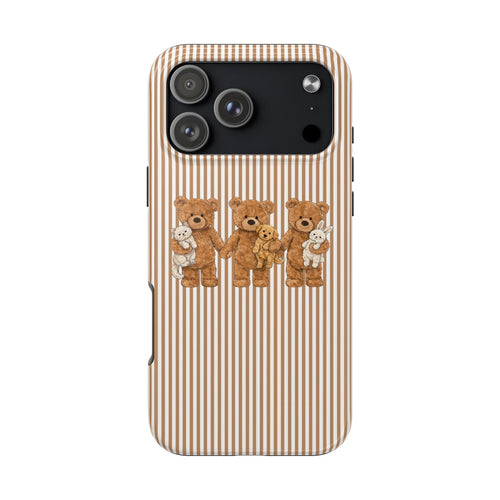Brown striped phone case with teddy bear pets lineup across back, camera cutouts