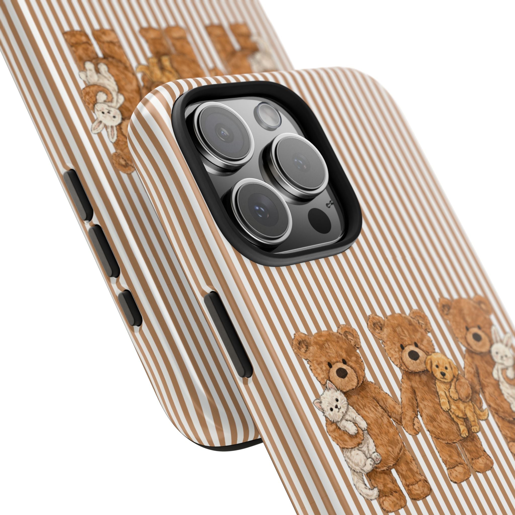 Angled brown striped phone case featuring teddy bear pets and side button cutouts