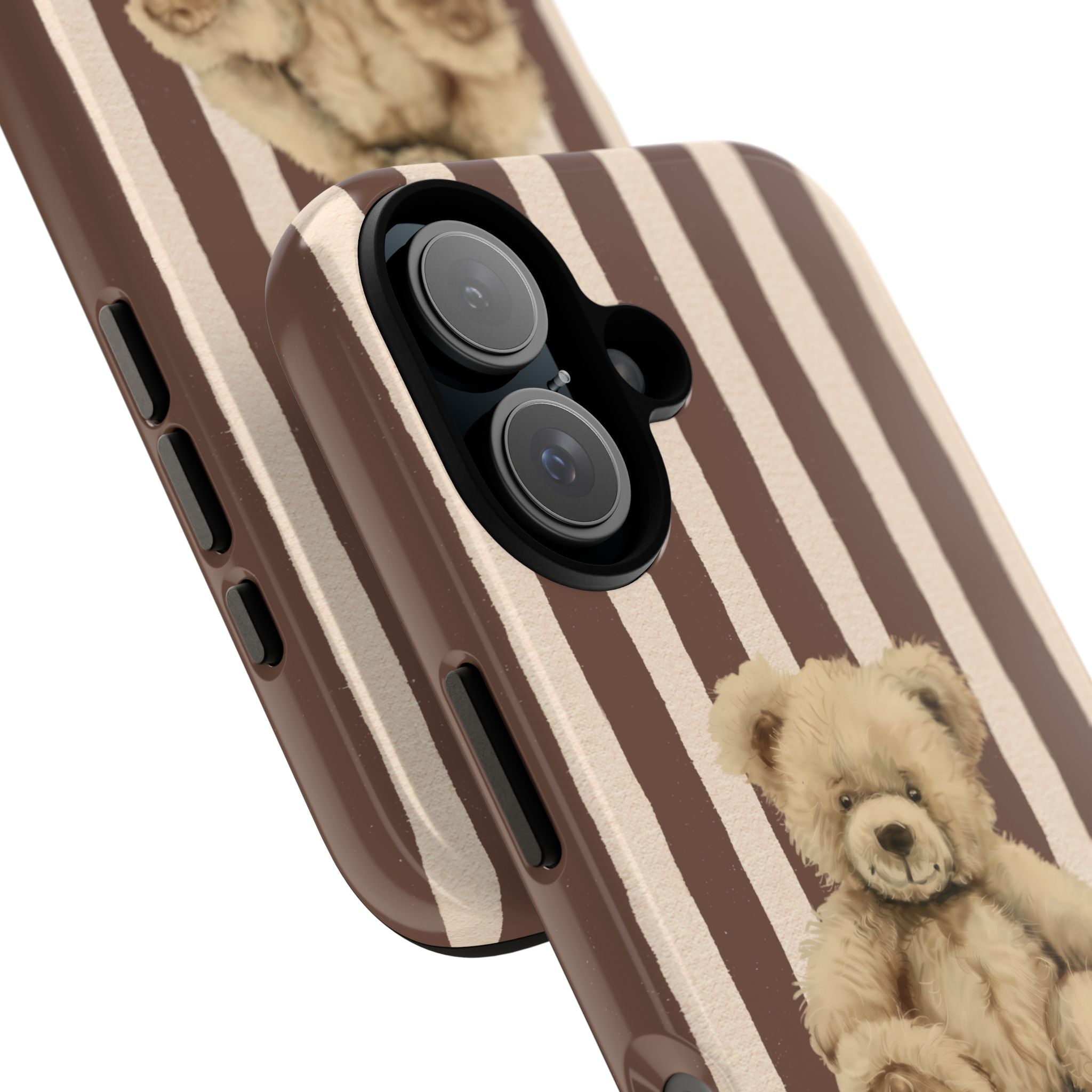 Brown-and-cream striped case with teddy bear and camera cutouts visible