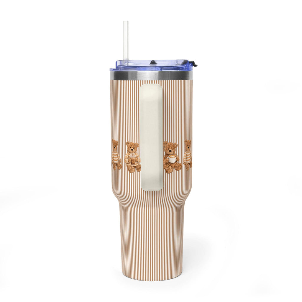 Brown striped 40oz tumbler with teddy bears, clear straw lid, rectangular window