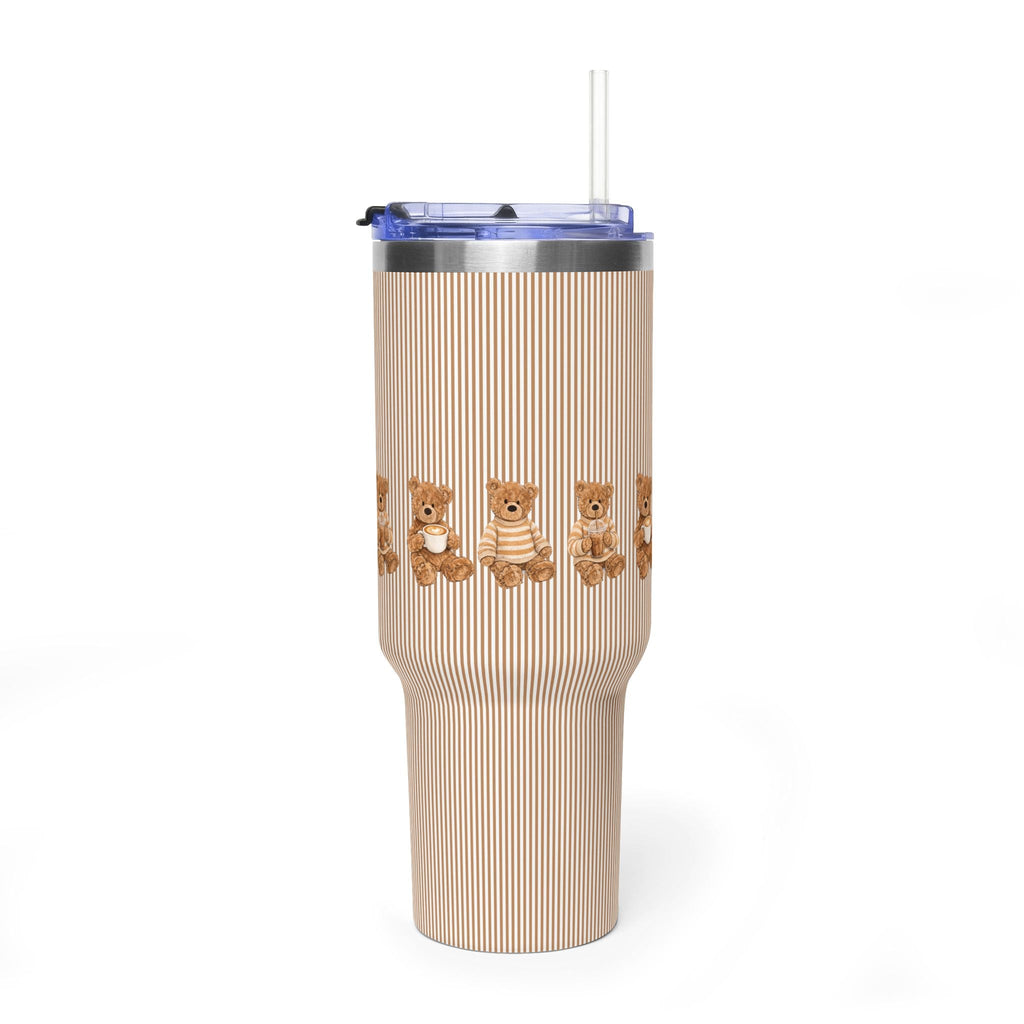 Brown striped 40oz tumbler with teddy bear row and clear straw lid