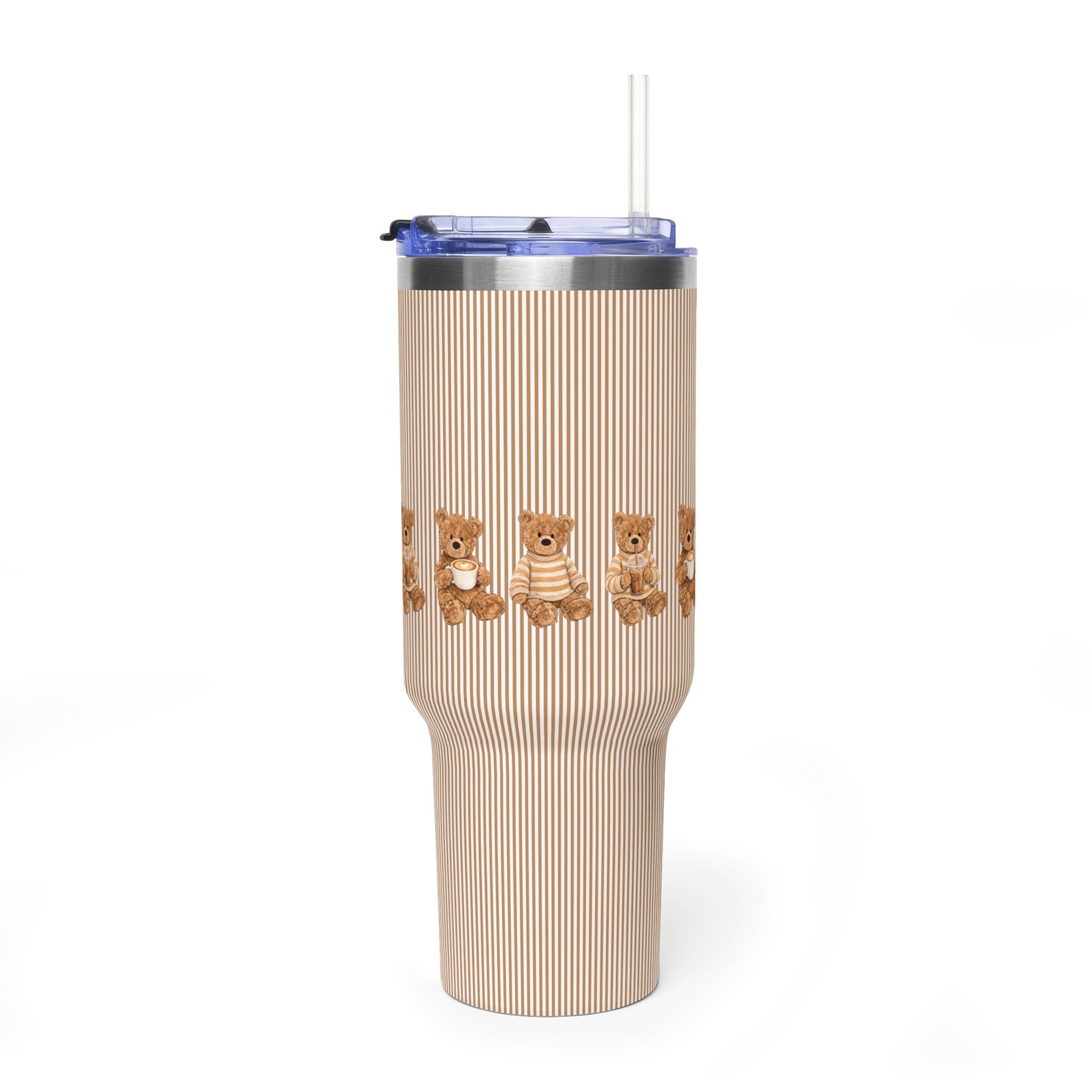 Brown striped 40oz tumbler with teddy bear row and clear straw lid