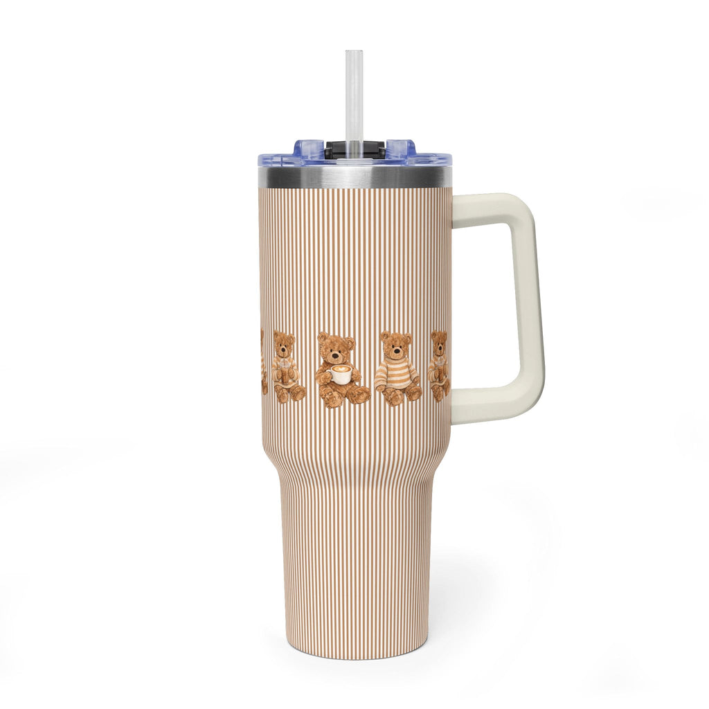 Brown striped 40oz tumbler with teddy bear graphic, straw lid and handle