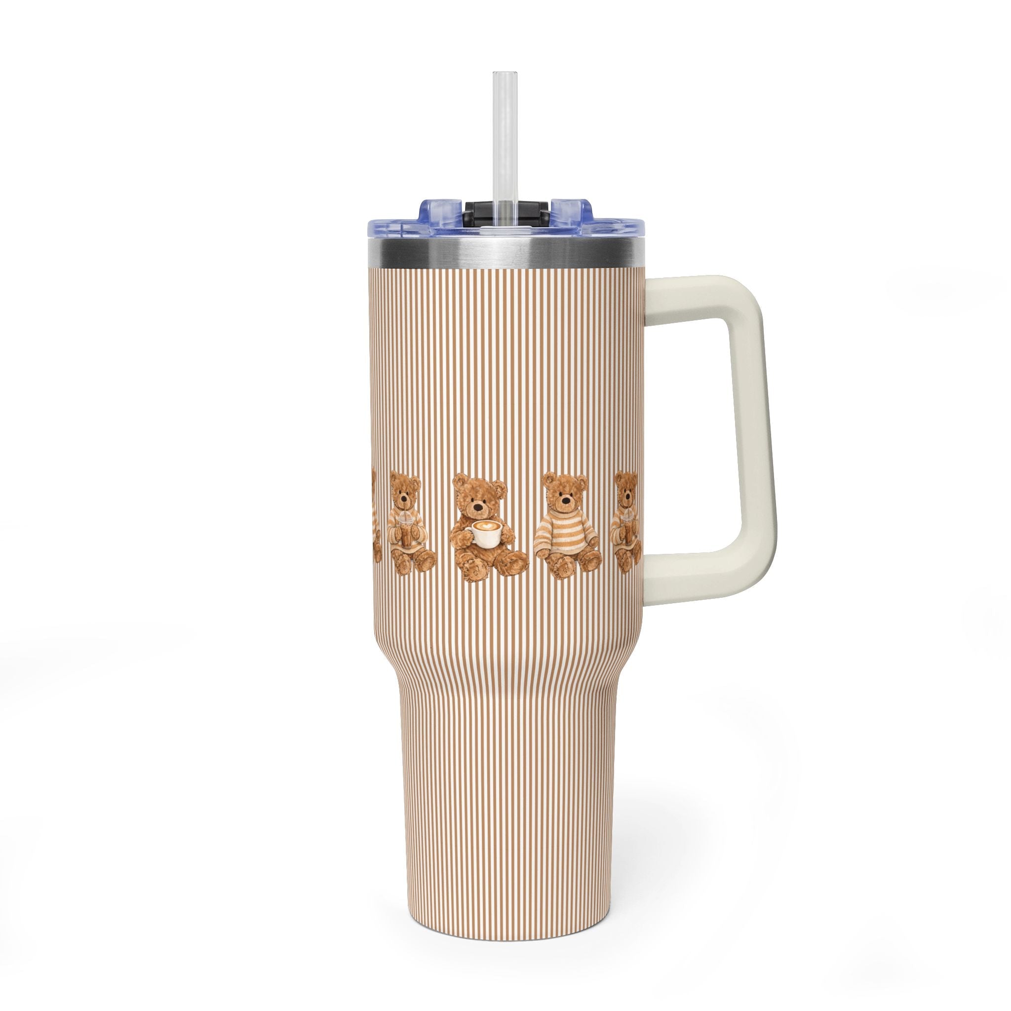 Brown striped 40oz tumbler with teddy bear graphic, straw lid and handle