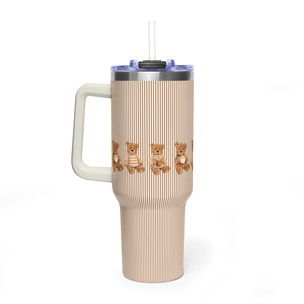 Brown striped 40oz tumbler with teddy bears and side handle, clear straw lid