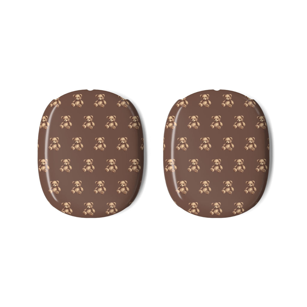 Two brown teddy bear-pattern ear cup covers for AirPods Max, front view