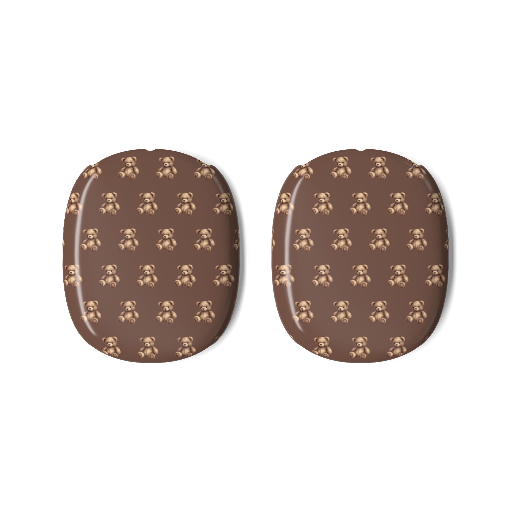 Two brown teddy bear-pattern ear cup covers for AirPods Max, front view