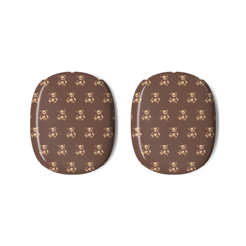 Two brown teddy bear-pattern ear cup covers for AirPods Max, front view