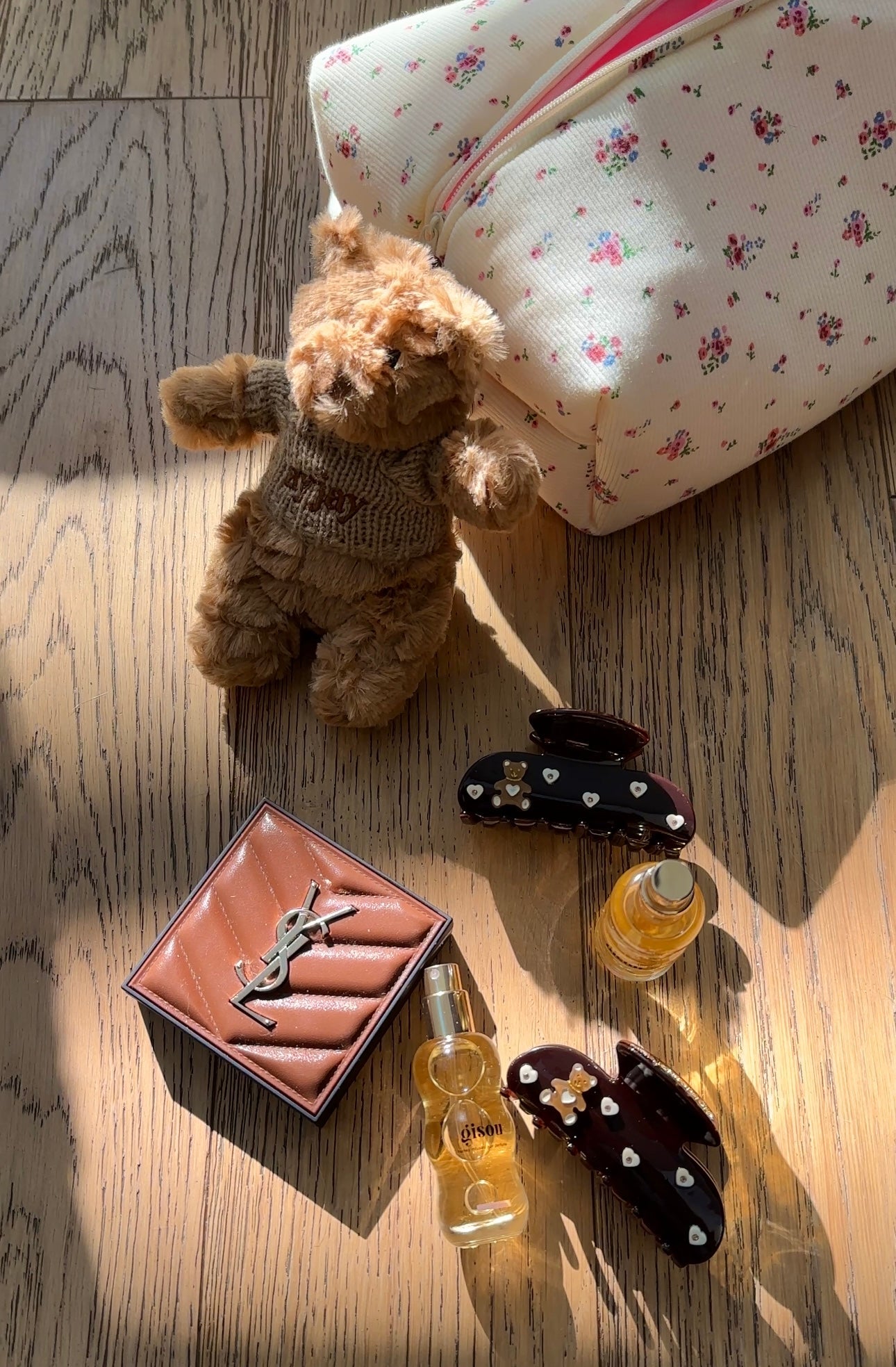 Dark brown hair claw clip with teddy bear and heart rhinestone accents
