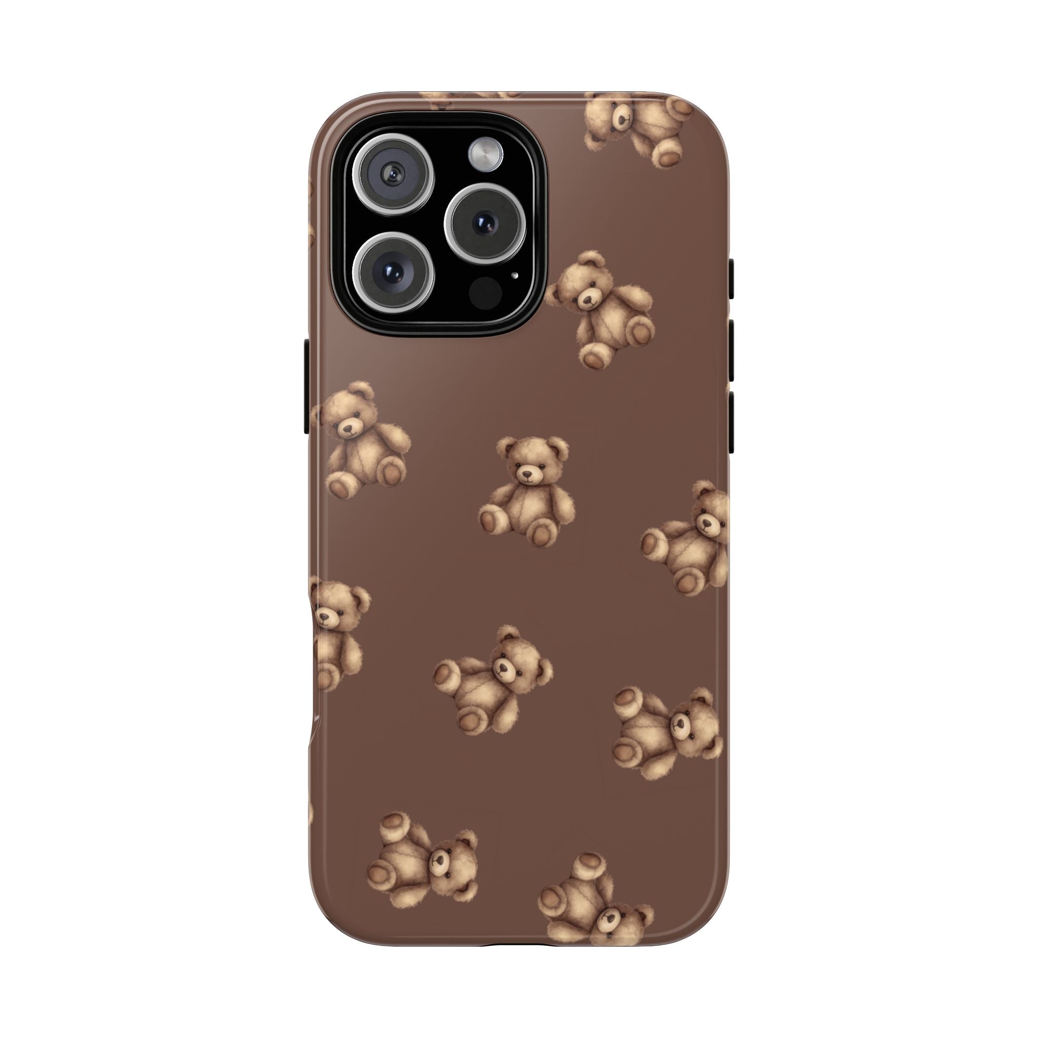 Brown phone case with repeating teddy bear pattern and camera cutout