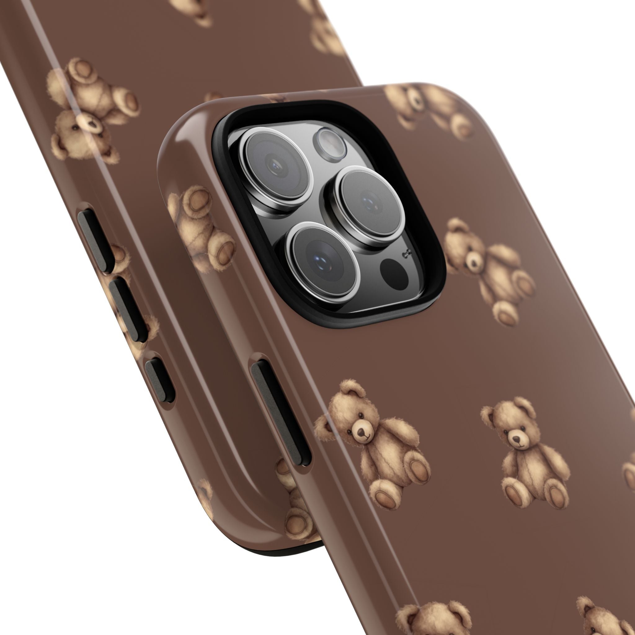 Brown teddy bear phone case, showing side buttons and camera lens cutout