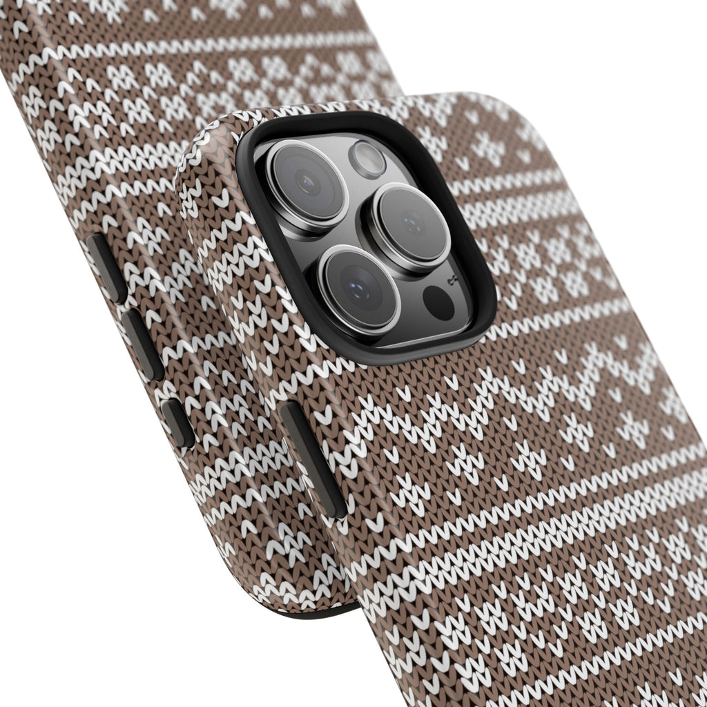 Close-up brown snow-knit phone case showing camera lens cutouts and textured pattern
