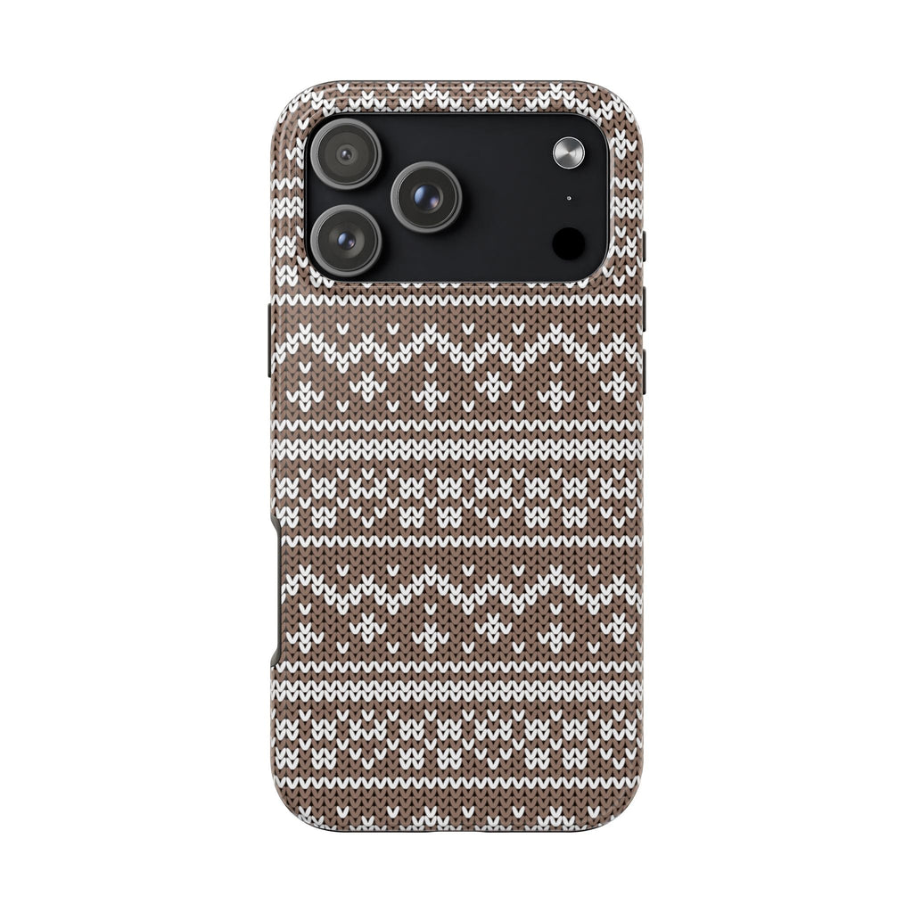 Brown winter snow knit phone case with raised edges and cutouts for camera and flash