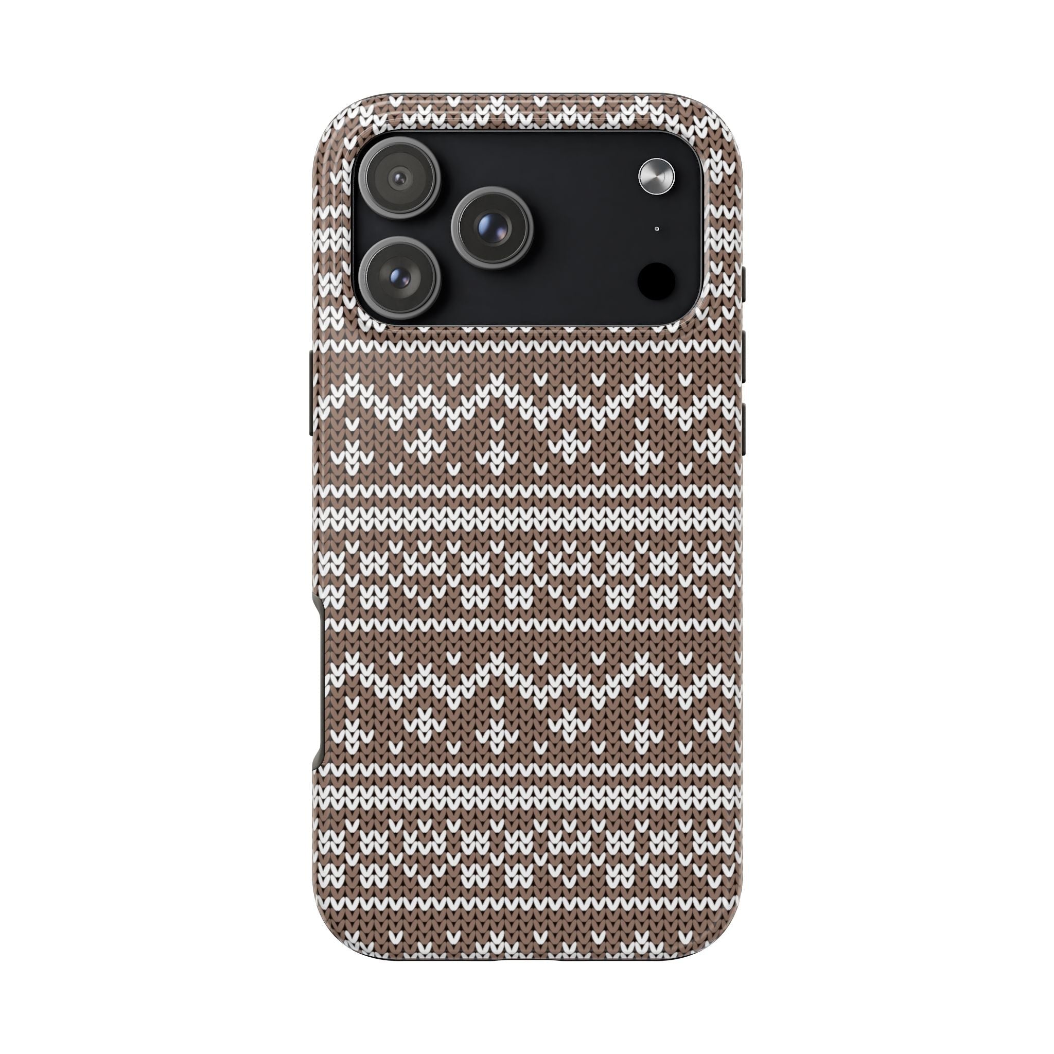 Brown winter snow knit phone case with raised edges and cutouts for camera and flash