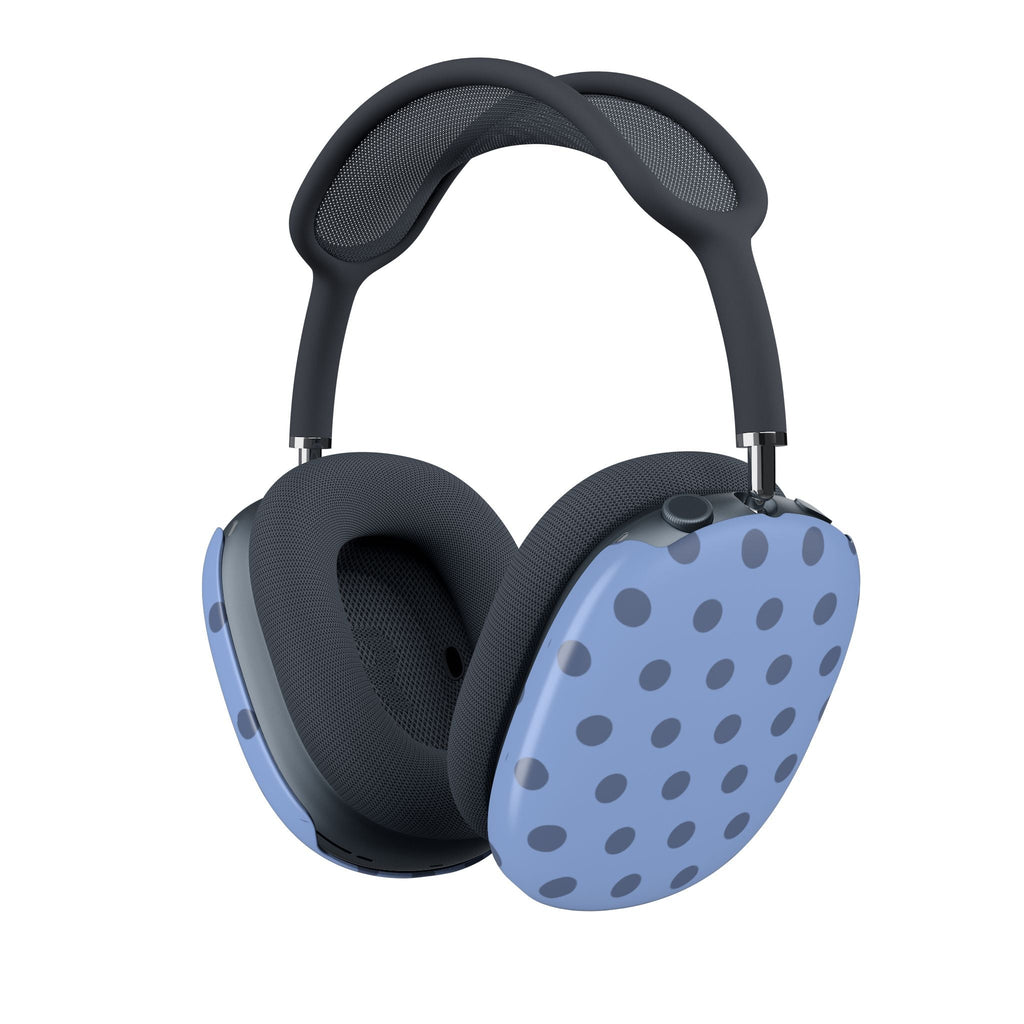 AirPods Max ear cushion covers, light blue with dark polka dots and gray fabric rims