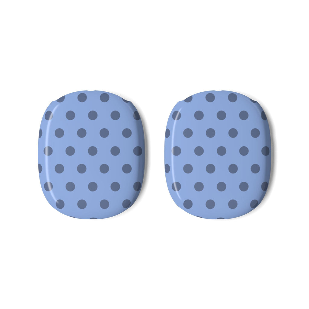 Pair of AirPods Max ear cushion covers, light blue with dark polka dot pattern