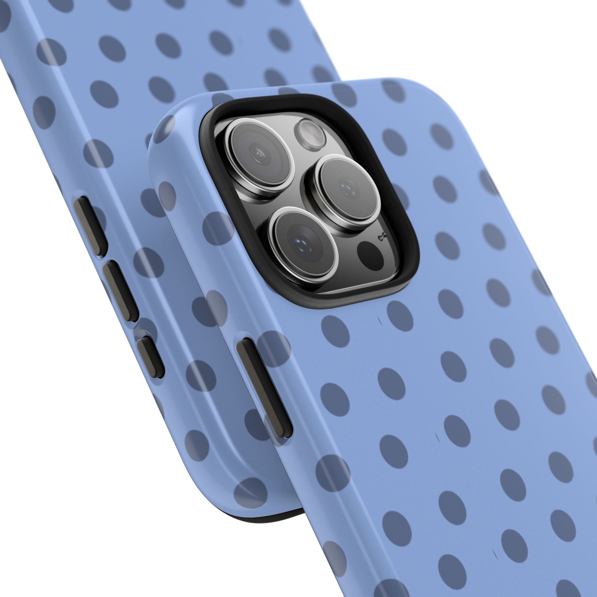 Light blue polka dot phone case with camera lenses visible through cutout
