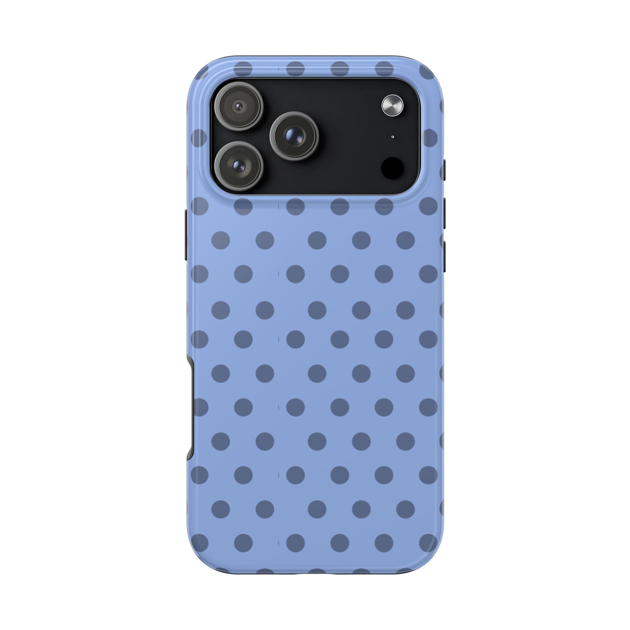 Light blue phone case with dark gray polka dots, camera cutout and raised lip