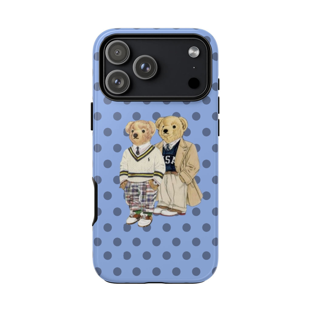 Light blue polka dot phone case with two teddy bear kids and camera cutouts
