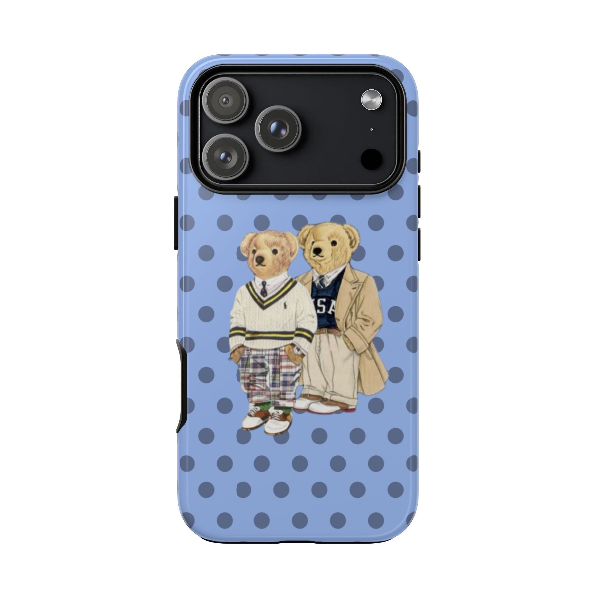 Light blue polka dot phone case with two teddy bear kids and camera cutouts