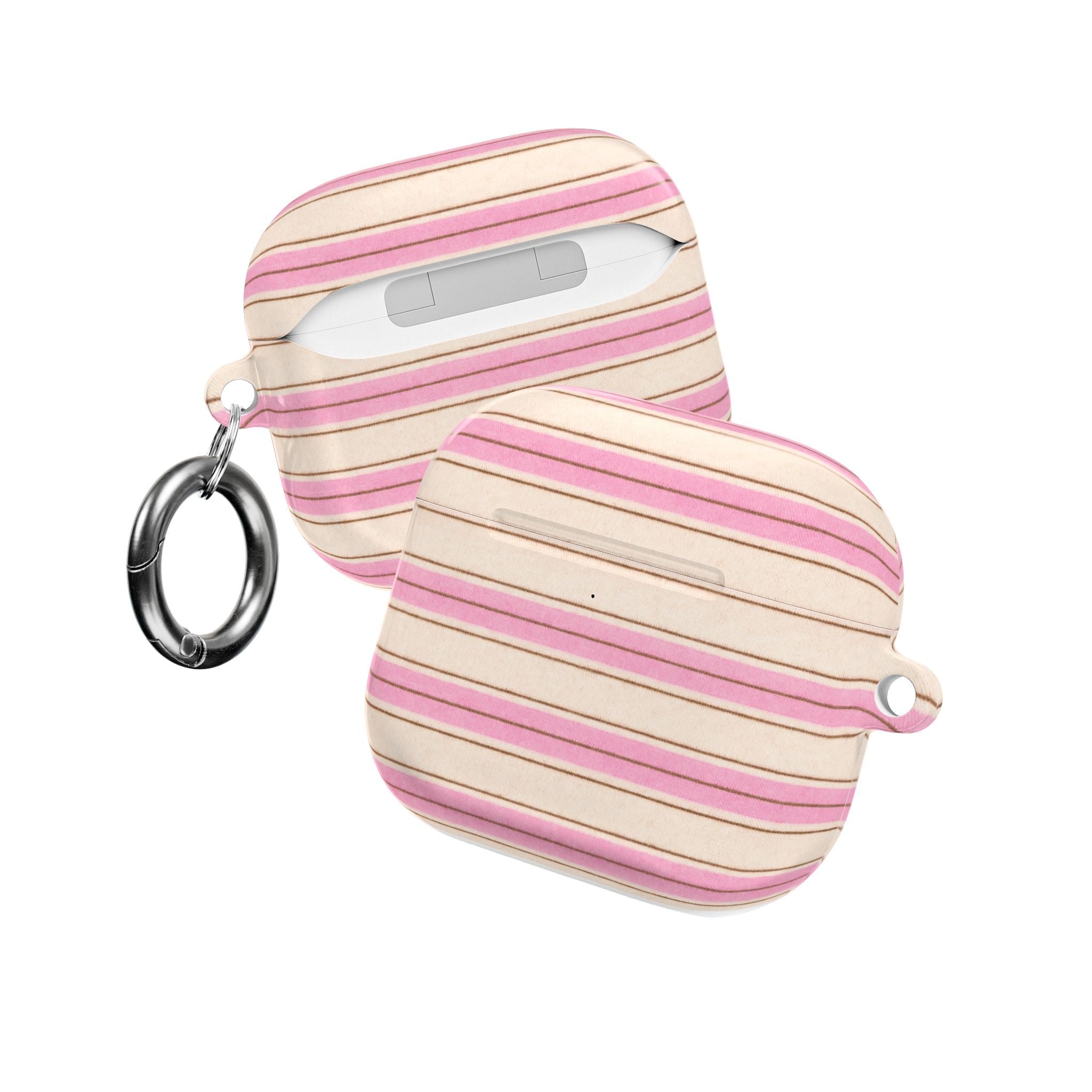 AirPods case matching pink and beige stripes with visible hinge and charging port opening