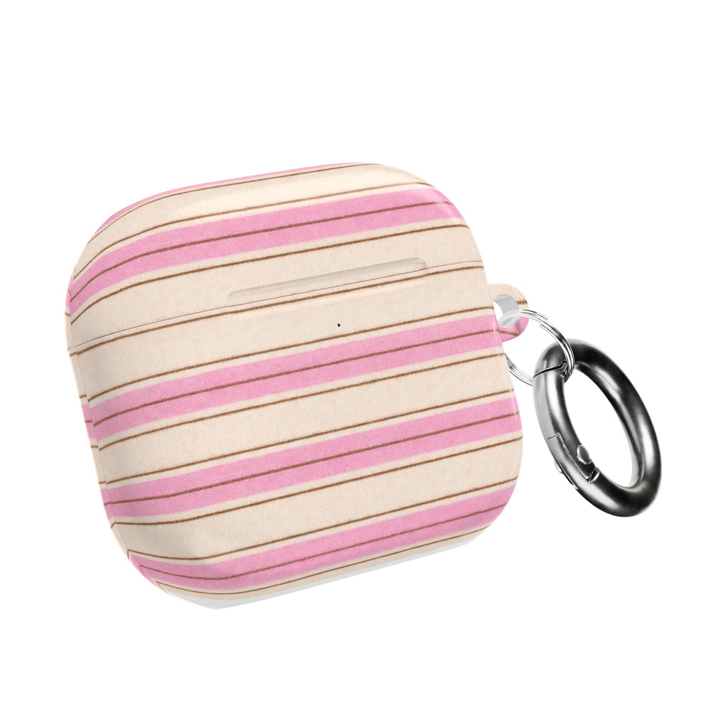 AirPods case in pink-and-beige horizontal stripes with metal keyring attachment