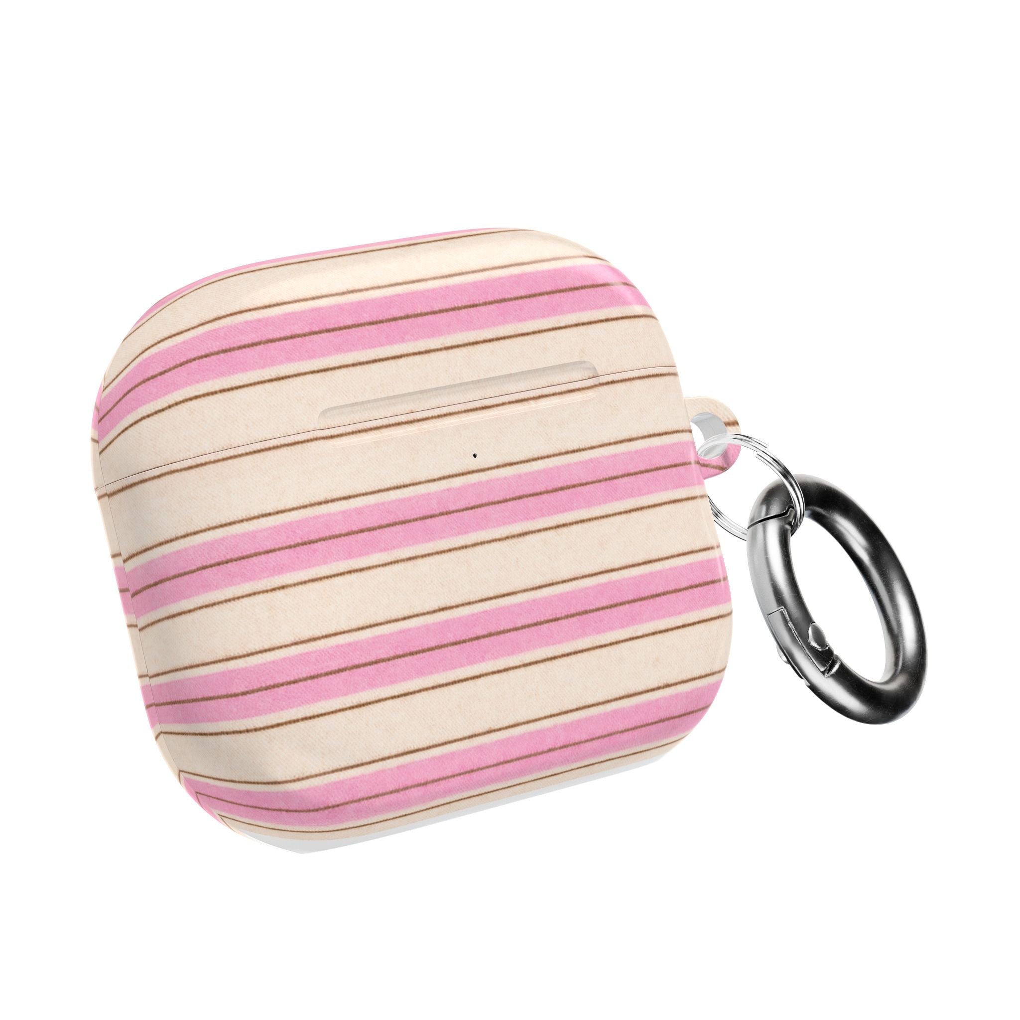 AirPods case in pink-and-beige horizontal stripes with metal keyring attachment