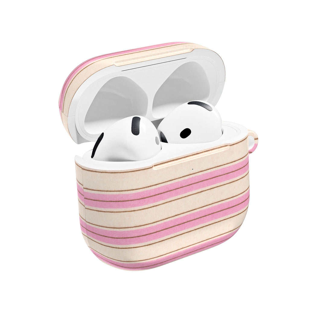AirPods case with pink and beige striped pattern, lid open to hold earbuds