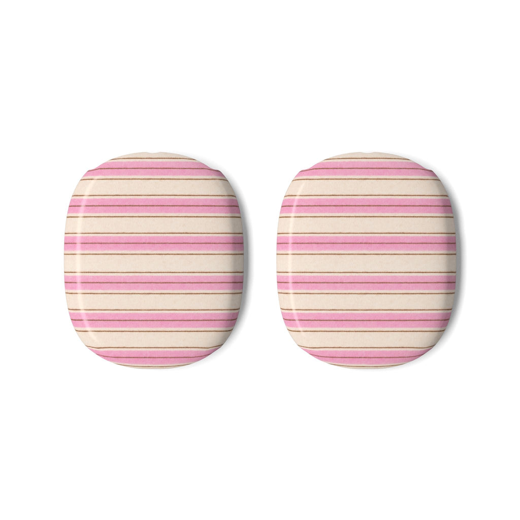 Pair of oval AirPods Max case covers, pink and beige horizontal stripes on white backing