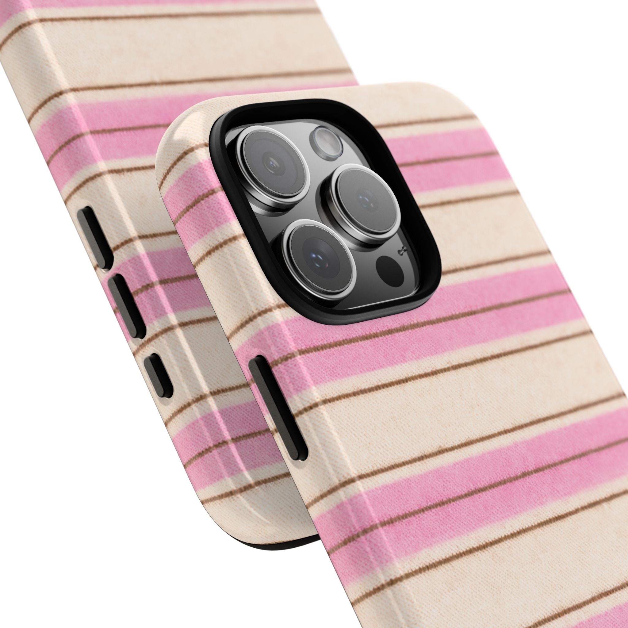 Stripes phone case with pink-beige horizontal bands; angled view shows side button cutouts