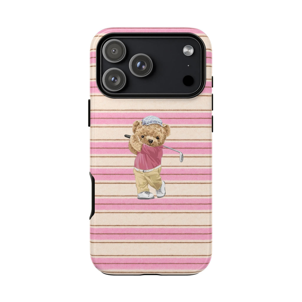 Back of striped phone case with teddy bear golfer and camera cutouts
