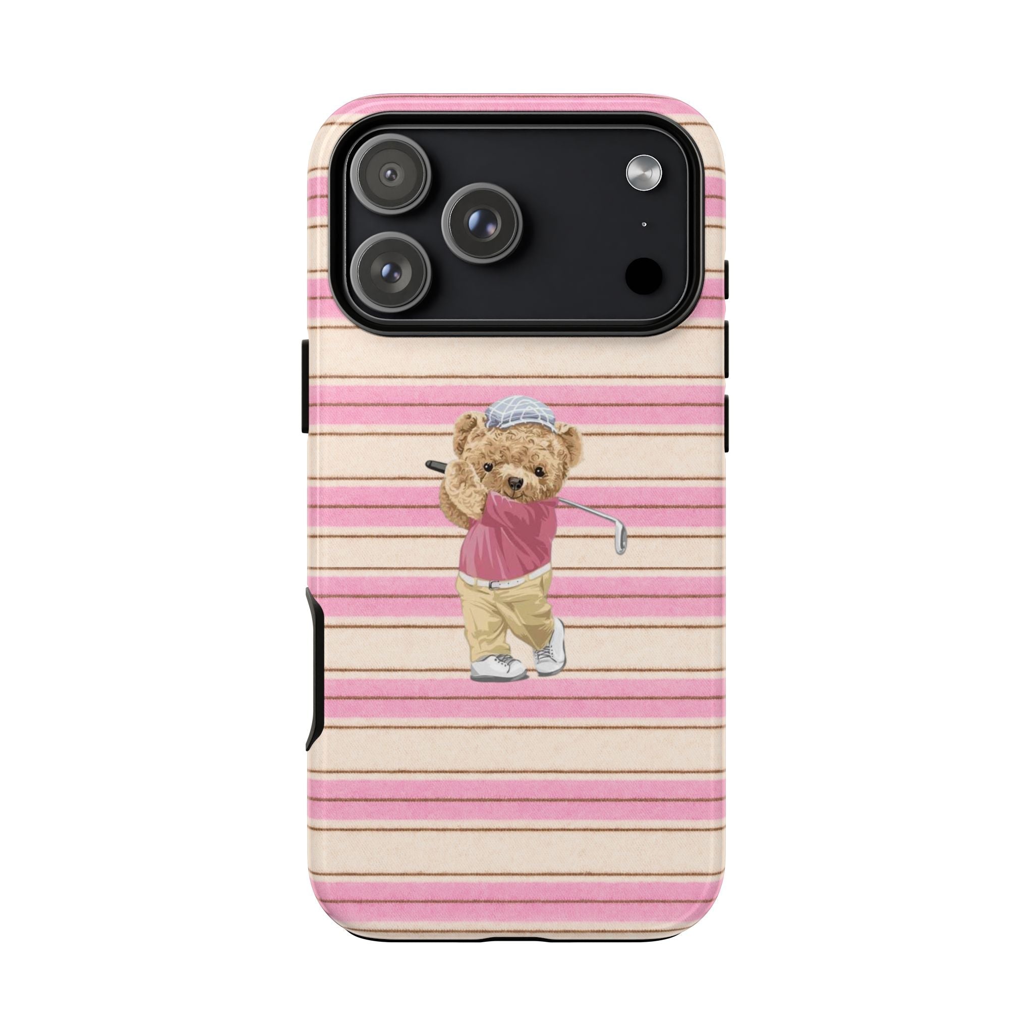 Back of striped phone case with teddy bear golfer and camera cutouts