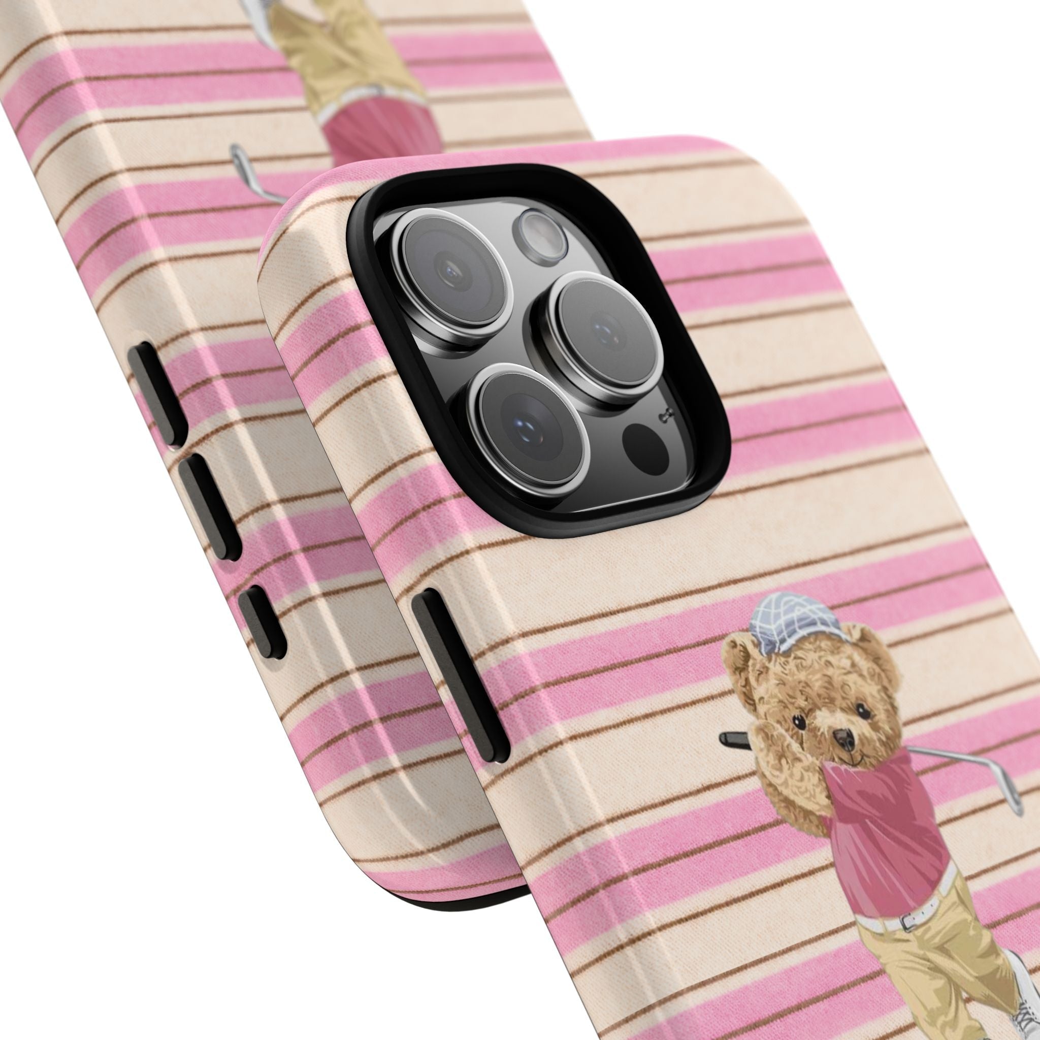 Angle view of pink/cream striped phone case with teddy bear golfer figure